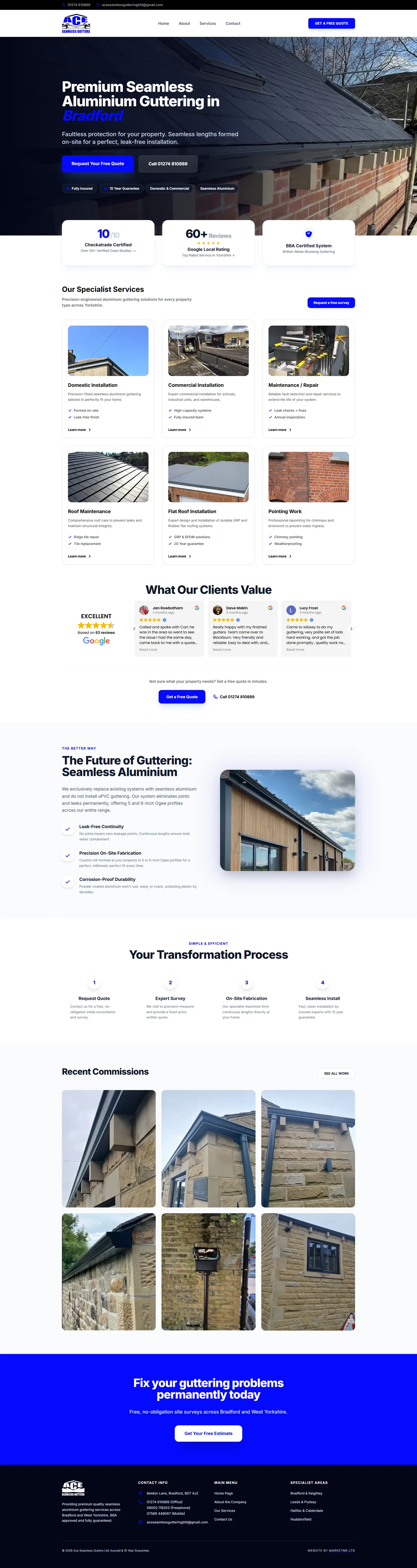 Ace Seamless Gutters website screenshot